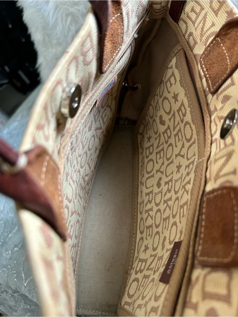 NEW  & Bourke Small Tassle Tan and Brown Logo Jacquard Tote with Leather Trim
